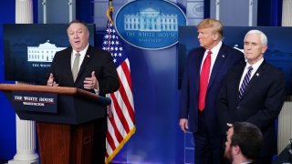 Secretary of State Mike Pompeo, with President Donald Trump and Vice President Mike Pence, speaks during the daily briefing on the novel coronavirus, at the White House on April 8, 2020, in Washington, DC.