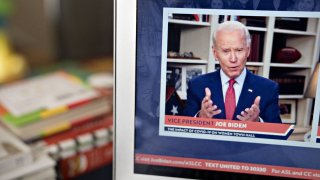 Former Vice President Joe Biden, presumptive Democratic presidential nominee, speaks during a virtual event seen on a laptop computer in Arlington, Virginia, U.S., on Tuesday, April 28, 2020.