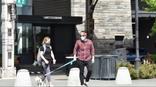 People wearing face masks walk a dog amid novel coronavirus outbreak on April 12, 2020, in Washington, DC.