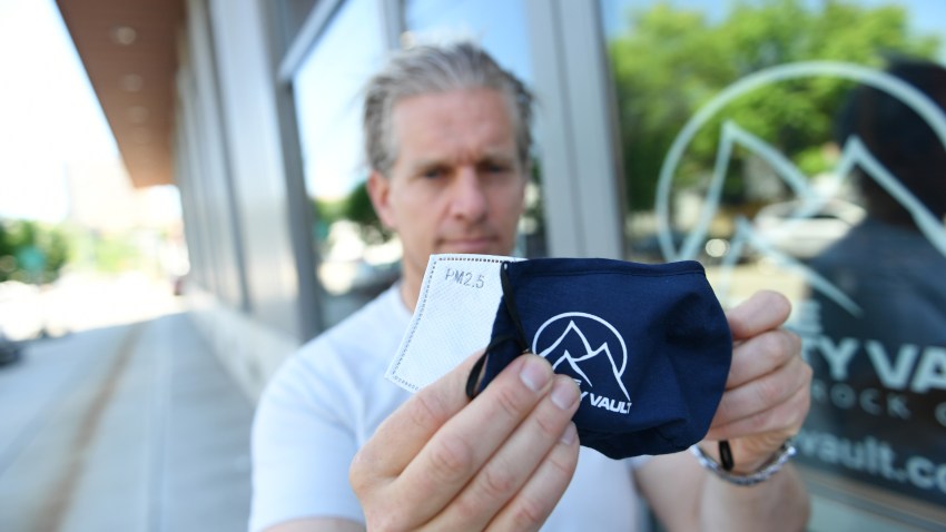 Owner/founder of The Gravity Vault, Lucas Kovalcik shows a washable mask that has removable N95 strength filter on June 12, 2020 in Hoboke.