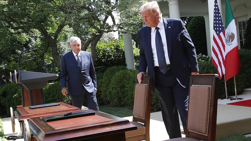 President Donald Trump and Mexican President Andrés Manuel López Obrador prepare to sign a joint trade declaration in the Rose Garden at the White House July 8, 2020 in Washington, DC. Trump and López Obrador met privately in the Oval Office earlier in the day and are scheduled to deliver a joint press statement later in the day.