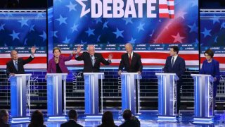 Democratic presidential candidates appear on stage in Las Vegas, Feb. 19, 2020, for the ninth Democratic presidential primary debate.