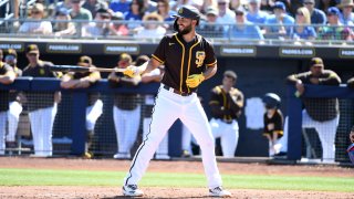 PEORIA, ARIZONA – MARCH 09: Eric Hosmer #30 of the San Diego Padres gets ready in the batters box against the Los Angeles Dodgers during a spring training game at Peoria Stadium on March 09, 2020 in Peoria, Arizona. (Photo by Norm Hall/Getty Images)