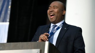 South Carolina Democrat Jaime Harrison, who is mounting a 2020 challenge to Republican U.S. Sen. Lindsey Graham, speaks to Democrats gathered at the Spratt Issues Conference, Dec. 14, 2019, in Greenville, S.C.