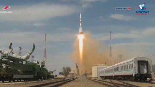 In this grab taken from video footage released by Roscosmos Space Agency, the Soyuz-2.1a rocket booster and Soyuz MS-16 space ship carrying a new crew to the International Space Station blasts off from the Russian-leased Baikonur cosmodrome, Kazakhstan, Thursday, April 9, 2020.