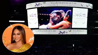 Kobe Bryant and daughter Gianna are pictured on the jumbotron at Staples Center.