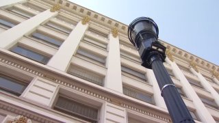A "smart street light" equipped with camera in downtown San Diego, CA.