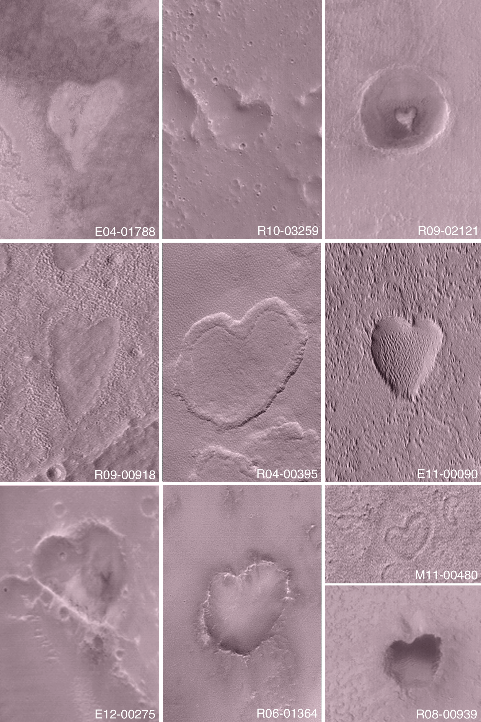 "Happy St. Valentine's Day from the Mars Global Surveyor (MGS) Mars Orbiter Camera (MOC) team! This collection of images acquired over the past 3 Mars years shows some of the heart-shaped features found on Mars by the MGS MOC." Released in 2004.