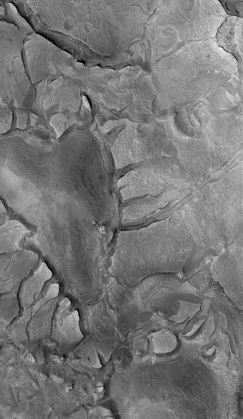 "This Mars Global Surveyor (MGS) Mars Orbiter Camera (MOC) image shows a heart-shaped hill surrounded by cracked terrain within a depression in far northwestern Arabia Terra, near the Cydonia region of Mars. Happy St. Valentine's Day from the MGS MOC team!" Released in 2005.