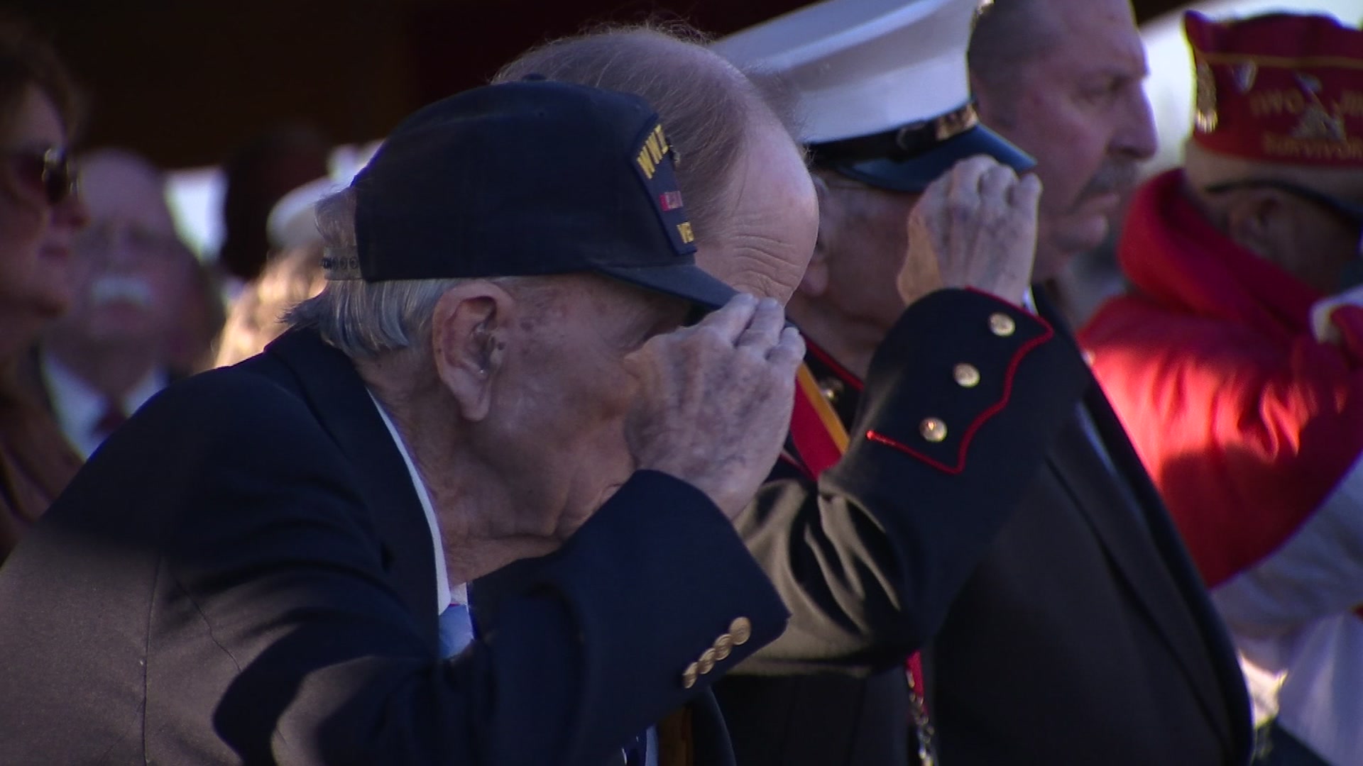 The ceremony included a wreath laying, cake cutting featuring the oldest and youngest Marines present, a bell toll and a living reenactment of the famous flag raising from atop Mount Suribachi.