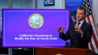 In this April 14, 2020, file photo, California Gov. Gavin Newsom gestures during a news conference at the Governor's Office of Emergency Services in Rancho Cordova, Calif.