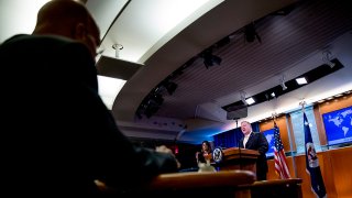 Secretary of State Mike Pompeo speaks during a news conference, March 31, 2020, in Washington.