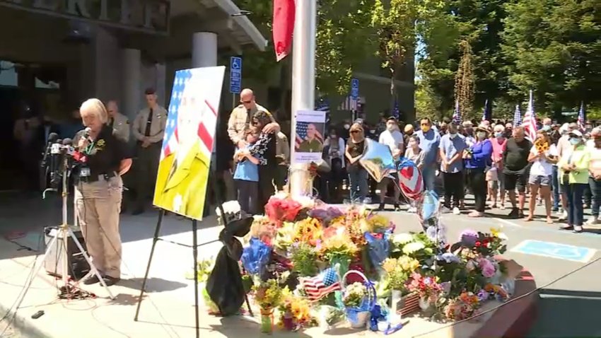 A vigil was held outside Santa Cruz County Sheriff’s Office headquarters to honor fallen Sgt. Damon Gutzwiller. He was shot and killed in Ben Lomond by an active duty sergeant stationed at Travis Air Force Base. (June 7, 2020)