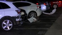 The driver slammed into a row of cars at an apartment complex, and then took off.
