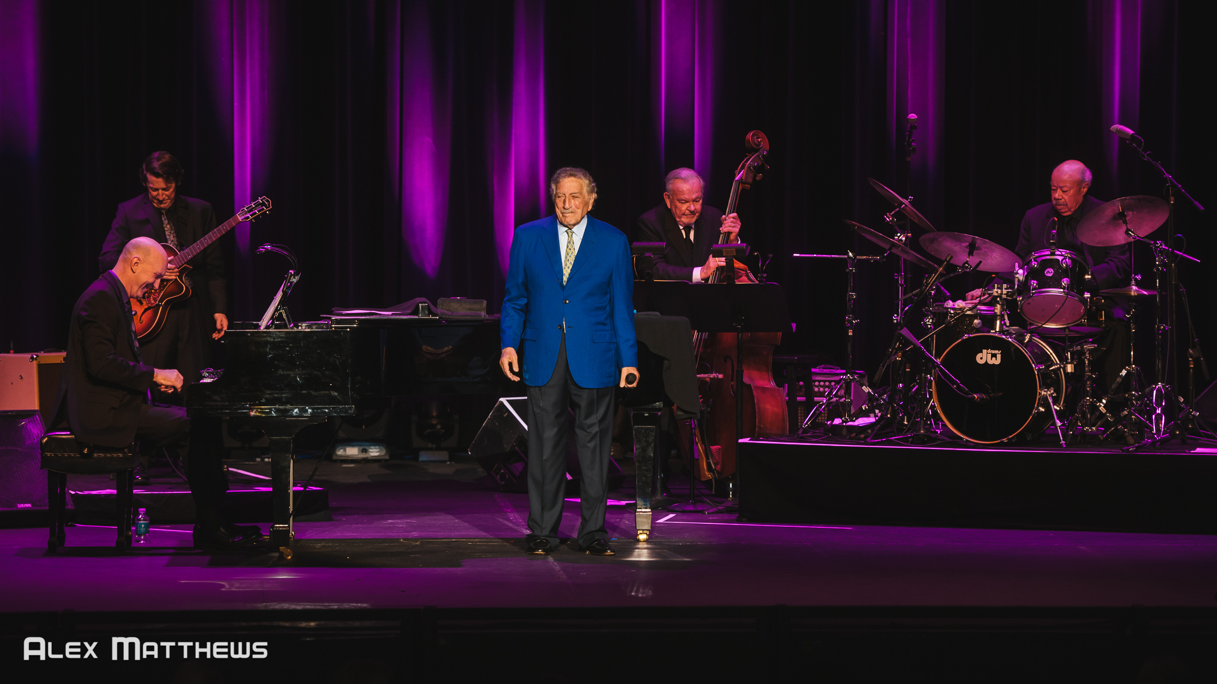 He also might as well be nicknamed "Award Bennett" -- he's won 20 Grammy Awards (including a Lifetime Achievement Award in 2001), two Emmy Awards, New York City's Bronze Medallion in 1969, a star on the Hollywood Walk of Fame, and was a Kennedy Center Honoree in 2005. (Tom Adair, pictured, on piano and Marshall Wood, pictured behind Tony, on bass)