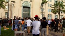 Demonstrators outside the county admin building