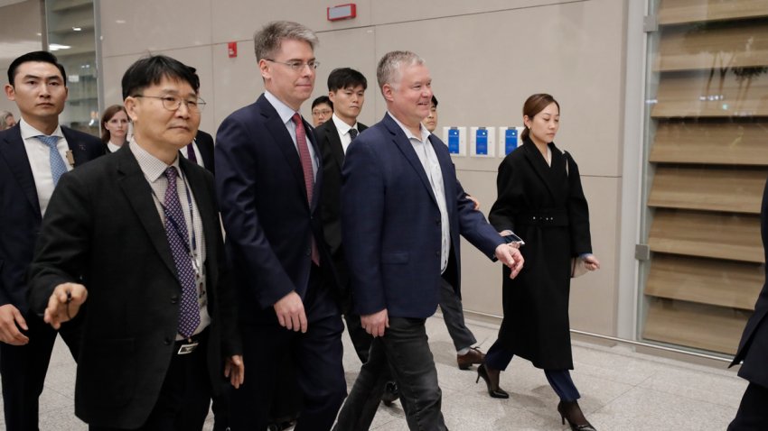 U.S. Special Representative for North Korea Stephen Biegun, center, arrives at Incheon International Airport in Incheon, South Korea, Sunday, Dec. 15, 2019. Biegun arrived in the country on the first leg of his two-stop Asia trip and will meet his counterparts in South Korea and Japan.