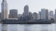 USS Kansas City against san diego skyline