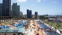 An image of Waterfront Park that shows the fountains and playground.