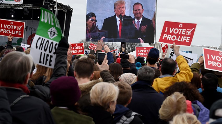 Pro-life demonstrators listen to US President Donald Trump as he speaks at the 47th annual “March for Life” in Washington, DC, on January 24, 2020. – Trump is the first US president to address in person the country’s biggest annual gathering of anti-abortion campaigners. (Photo by OLIVIER DOULIERY / AFP) (Photo by OLIVIER DOULIERY/AFP via Getty Images)