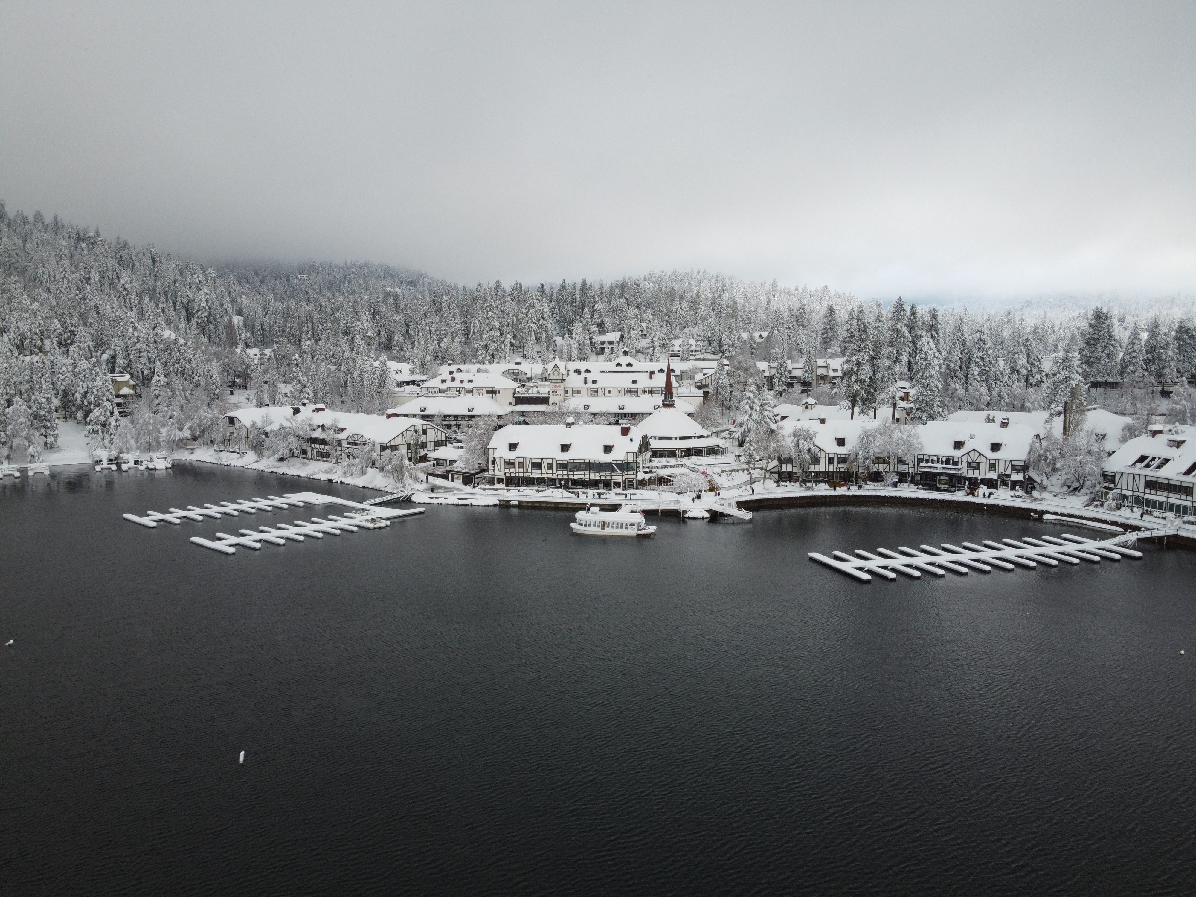 A drone view of the snow cover at Lake Arrowhead Village after a November 2019 storm.