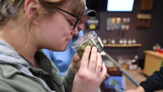 Tourist Laura Torgerson, visiting from Arizona, smells cannabis buds at the Green Pearl Organics dispensary on the first day of legal recreational marijuana sales in California, January 1, 2018 in Desert Hot Springs, California. / AFP PHOTO / Robyn Beck        (Photo credit should read ROBYN BECK/AFP/Getty Images)