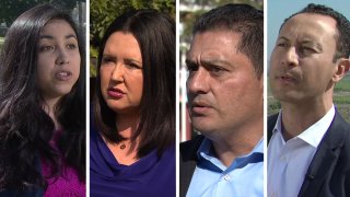 The four County Board of Supervisors candidates. Sophia Rodriguez (far left), Nora Vargas (center left), Ben Hueso (center right), Rafael Castellano (far right).