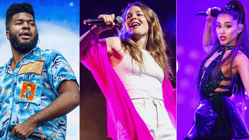 This combination of photos shows Grammy nominees, from left, Khalid performing at the Austin City Limits Music Festival in Austin, Texas on Oct. 12, 2018, Maggie Rogers performing at the Coachella Music & Arts Festival in Indio, Calif., on April 20, 2019, Ariana Grande performing at Wango Tango in Los Angeles on June 2, 2018
