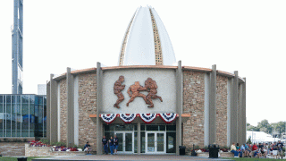Exterior view of the entrance to the Pro Football Hall of Fame on Aug. 3, 2017, in Canton, Ohio.