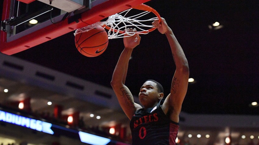 Keshad Johnson of the San Diego State Aztecs dunks against the New Mexico Lobos