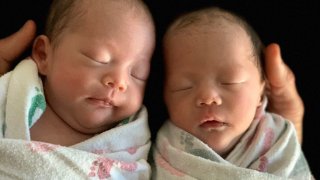 Twin newborns Emilleen and Emabelle. The girls were born following a high-risk pregnancy because they tested for Monoamniotic.
