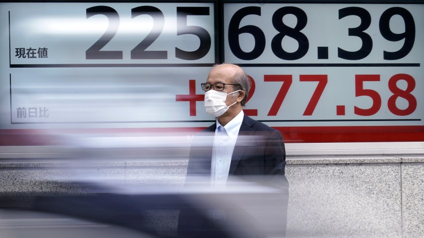 In this July 13, 2020, file photo, a man wearing a face mask to help curb the spread of the coronavirus stands near an electronic stock board showing Japan's Nikkei 225 index at a securities firm in Tokyo.