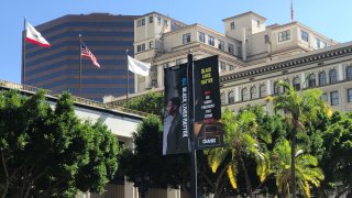A photo of San Diego-based artists Anthony Tyson’s “All Black Lives Matter” art installation, now on display along Broadway in downtown San Diego.