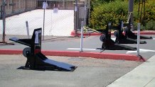 Barriers are seen placed near the La Mesa Police Department, where demonstrators are slated to gather on Aug. 1, 2020 to call for justice in the killings of Breonna Taylor and Vanessa Guillen.