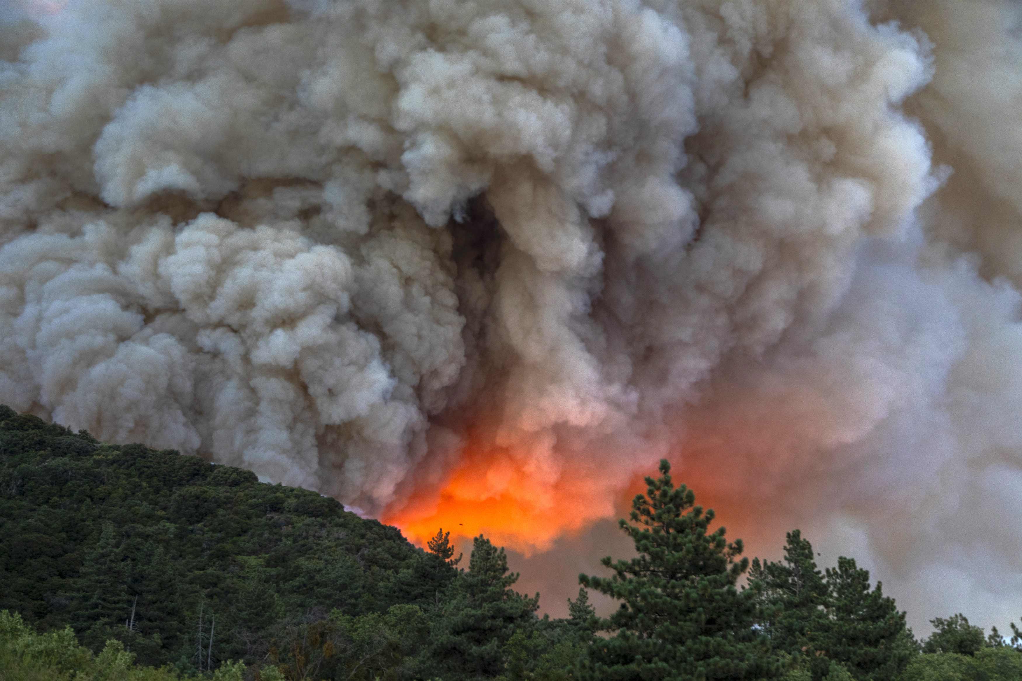 CHERRY VALLEY, CA – AUGUST 01: Flames and heavy smoke approach on a western front of the Apple Fire, consuming brush and forest at a high rate of speed during an excessive heat warning on August 1, 2020 in Cherry Valley, California. The fire began shortly before 5 p.m. the previous evening, threatening a large number of homes overnight and forcing thousands to flee before exploding to 12,000 acres this afternoon, mostly climbing the steep wilderness slopes of the San Bernardino Mountains.  (Photo by David McNew/Getty Images)