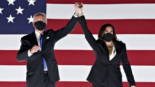 Former Vice President Joe Biden, Democratic presidential nominee, left, and Senator Kamala Harris, Democratic vice presidential nominee, wear protective masks while holding hands outside the Chase Center during the Democratic National Convention in Wilmington, Delaware, U.S., on Thursday, Aug. 20, 2020. Biden accepted the Democratic nomination to challenge President Donald Trump, urging Americans in a prime-time address to vote for new national leadership that will overcome deep U.S. political divisions.