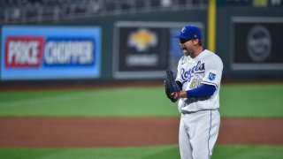 KANSAS CITY, MO – AUGUST 7: Relief pitcher Trevor Rosenthal #40 of the Kansas City Royals celebrates a win against the Minnesota Twins at Kauffman Stadium on August 7, 2020 in Kansas City, Missouri. (Photo by Ed Zurga/Getty Images)