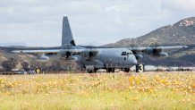 A U.S. Marine Corps KC-130J Super Hercules assigned to Marine Aerial Refueler Transport Squadron 352, Marine Aircraft Group 11, 3rd Marine Aircraft Wing, takes off at Marine Corps Air Station Miramar, Calif., March 26, 2020. 3rd MAW continues its daily operations and mission essential tasks while enforcing precautionary measures to mitigate the spread of COVID-19. (U.S. Marine Corps photo by Lance Cpl. Julian Elliott-Drouin)