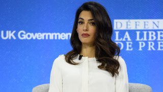 Amal Clooney is seen onstage during day two of the Global Conference on Press Freedom in London, England