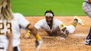 SAN DIEGO, CA – SEPTEMBER 07: Jorge Mateo #3 of San Diego Padres scores the game-winning run in the bottom of the ninth inning against the Colorado Rockies at PETCO Park on September 7, 2020 in San Diego, California. (Photo by Matt Thomas/San Diego Padres/Getty Images)