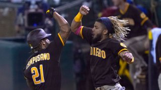 OAKLAND, CALIFORNIA – SEPTEMBER 04: Luis Campusano #21 and Fernando Tatis Jr. #23 of the San Diego Padres celebrate after Campusano hit a solo home run against the Oakland Athletics in the top of the eighth inning at RingCentral Coliseum on September 04, 2020 in Oakland, California. The Padres won the game 7-0. (Photo by Thearon W. Henderson/Getty Images)
