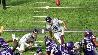 Tennessee Titans kicker Stephen Gostkowski (3) kicks a field goal against the Minnesota Vikings during the first quarter at U.S. Bank Stadium.