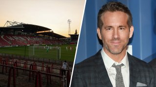 (Left) A General view of the Racecourse Ground home stadium of Wrexham AFC. (Right) Ryan Reynolds