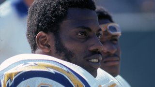 SAN DIEGO, CA - OCTOBER 14: Defensive end Fred Dean #71 of the San Diego Chargers watches from the sideline against the Seattle Seahawks at San Diego Stadium on October 14, 1979 in San Diego, California. The Chargers defeated the Seahawks 20-10. (Photo by Richard Stagg/Getty Images)