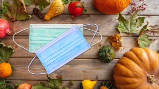 Protective face mask and thanksgiving flatlay on wooden background.