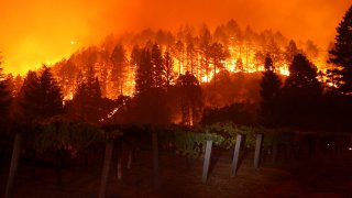 The Glass Fire burns in the hills near a vineyard.