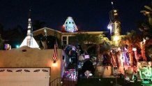 What the "House of Rockets" looks like at night -- complete with its brilliant lights and impressive, out-of-this-world display.