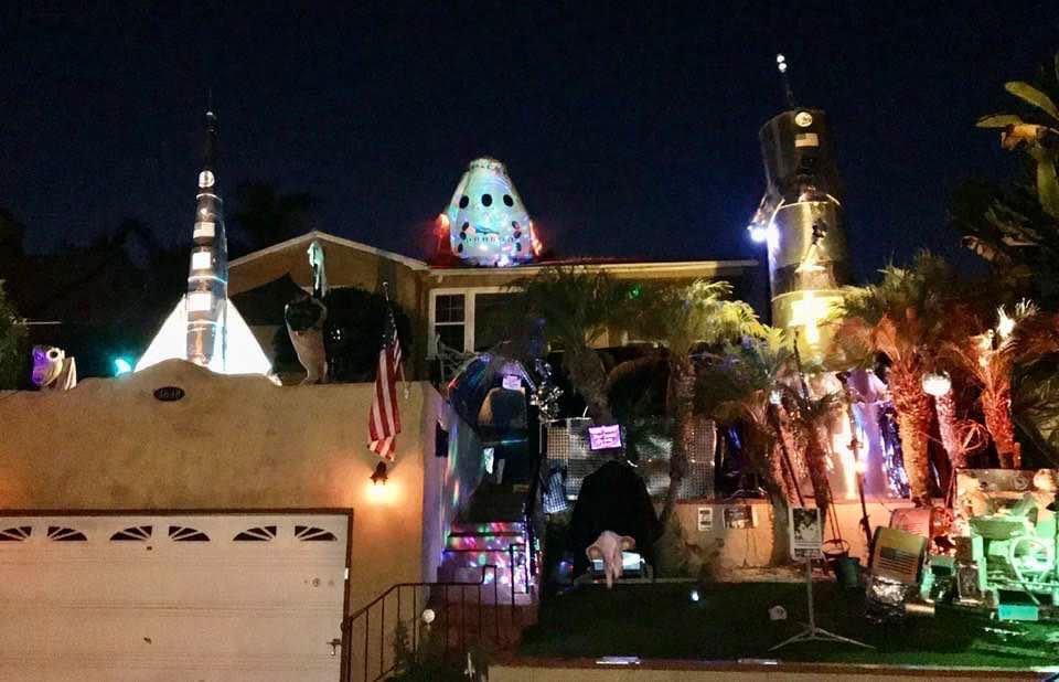 What the "House of Rockets" looks like at night -- complete with its brilliant lights and impressive, out-of-this-world display.