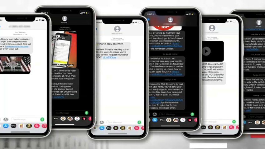 A series of mobile phones show an array of political text messages