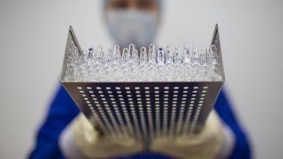 A worker wearing personal protective equipment holds a tray containing unlabeled ampoules of the ‘Gam-COVID-Vac’ COVID-19 vaccine, developed by the Gamaleya National Research Center for Epidemiology and Microbiology and the Russian Direct Investment Fund (RDIF).
